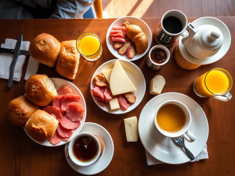 Frühstück auf Holztisch